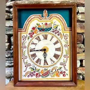 VTG Clock Embroidery Cross Stitch Fruit Electric Wood Cottage Farmhouse